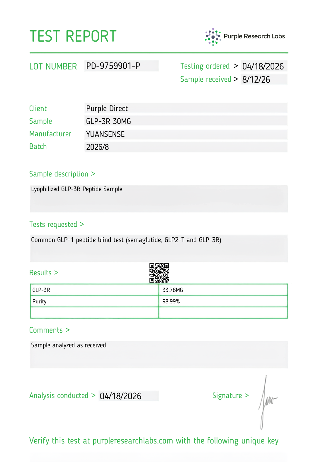 Sample PurpleDirect certificate of analysis: lot number, client, HPLC purity 98.99% and analyst signature